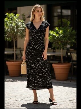Jones Wear Black Midi Dress with White Polka Dots
